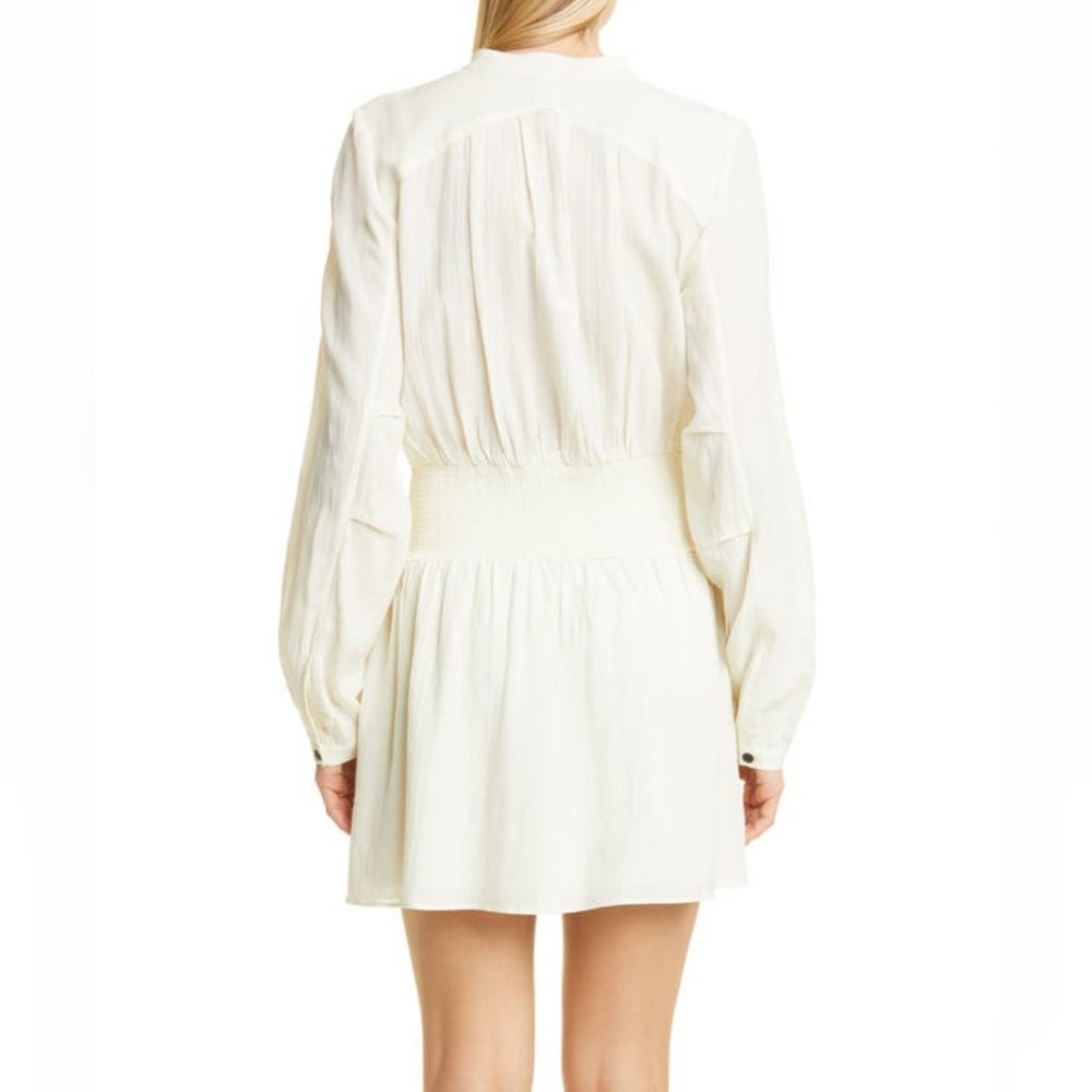 RAG & BONE Calista Long Sleeve Split Neck Smocked Waist Mini Dress, Dove, Small